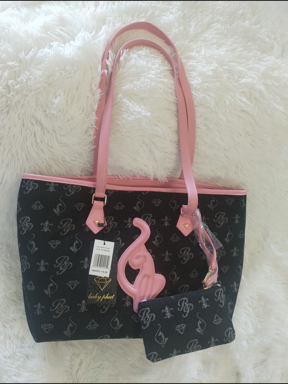 Baby Phat Black Tote with Pink Trim and Pink Cat Applique